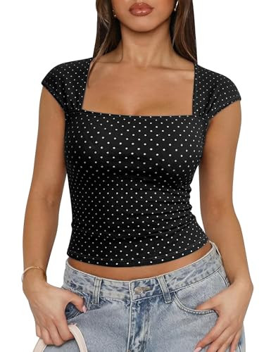 Women's Polka Dot Top Square Neck Crop Tank Cotton Shirt Summer Y2K Babydoll Top Black | Amazon (US)