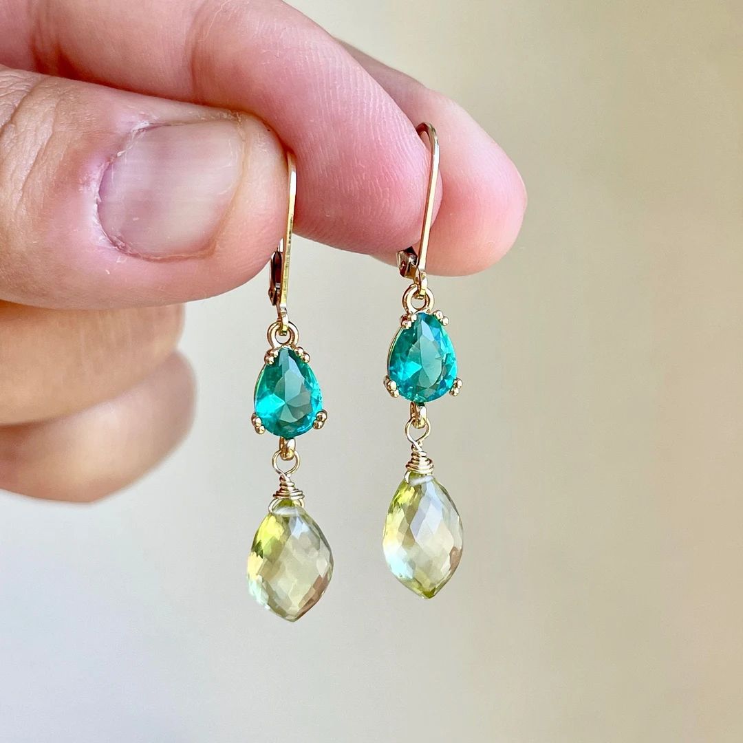 Green Apatite and Lemon Citrine Earrings, Teal and Yellow Dangle Earrings in Gold, Summer Drop Ea... | Etsy (US)