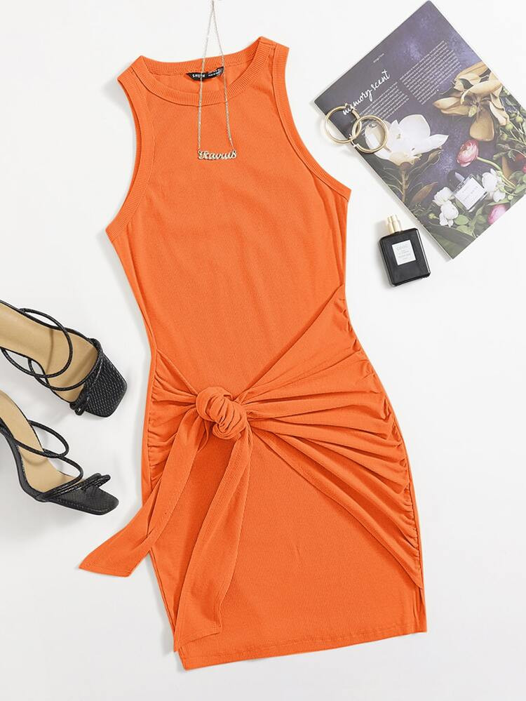 SHEIN Ruched Tie Front Solid Bodycon Dress | SHEIN