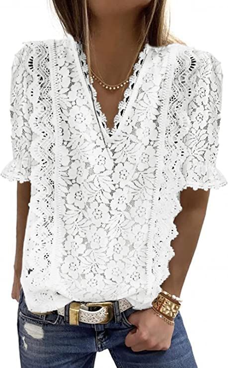 SHEWIN Women's Sexy Lace Crochet V Neck Short Sleeve Blouses Tops Shirts | Amazon (US)