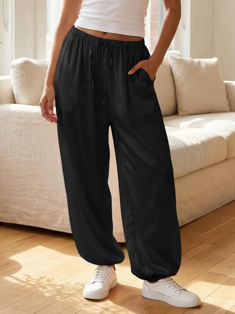 Fisoew Women\u2019s Satin Harem Pants Casual Baggy Barrel Leg Elastic Waist Drawstring Loose Work... | Amazon (US)