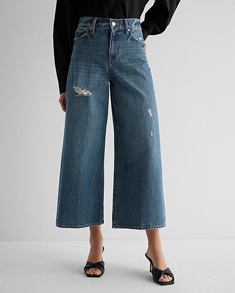 High Waisted Medium Wash Ripped Wide Leg Ankle Jeans | Express
