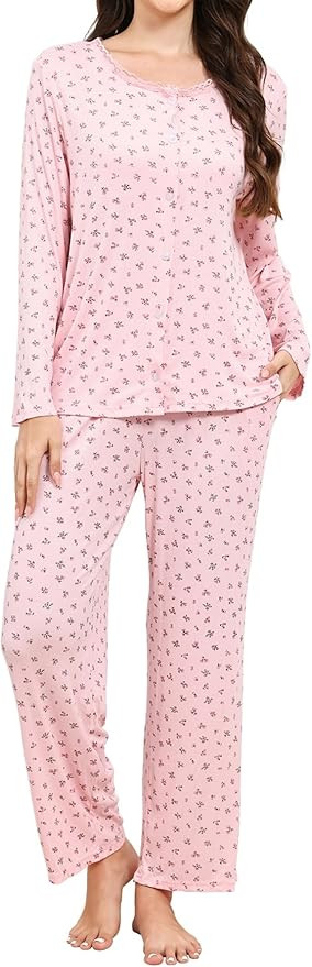 Cotton Pajamas for Women Set Floral Print Long Sleeve Pajamas Set with Pants Soft Pjs Lounge Set ... | Amazon (US)