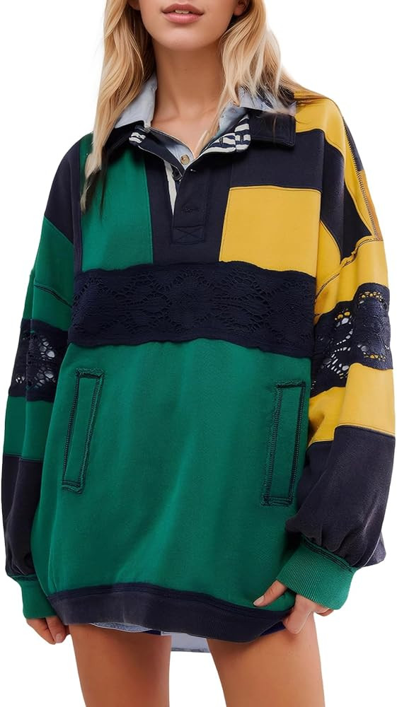 Kedera Women Oversized Sweatshirt Color Block Long Sleeve Polo Shirt Casual V-Neck Stripe Patchwo... | Amazon (US)