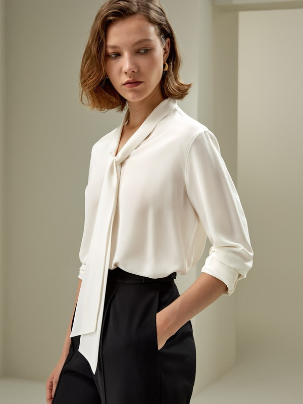 LILYSILK Silk Button Down Shirt Women'S - Natural White Natural Silk - Effortless Femininity Bow Tie Tops XL | LILYSILK