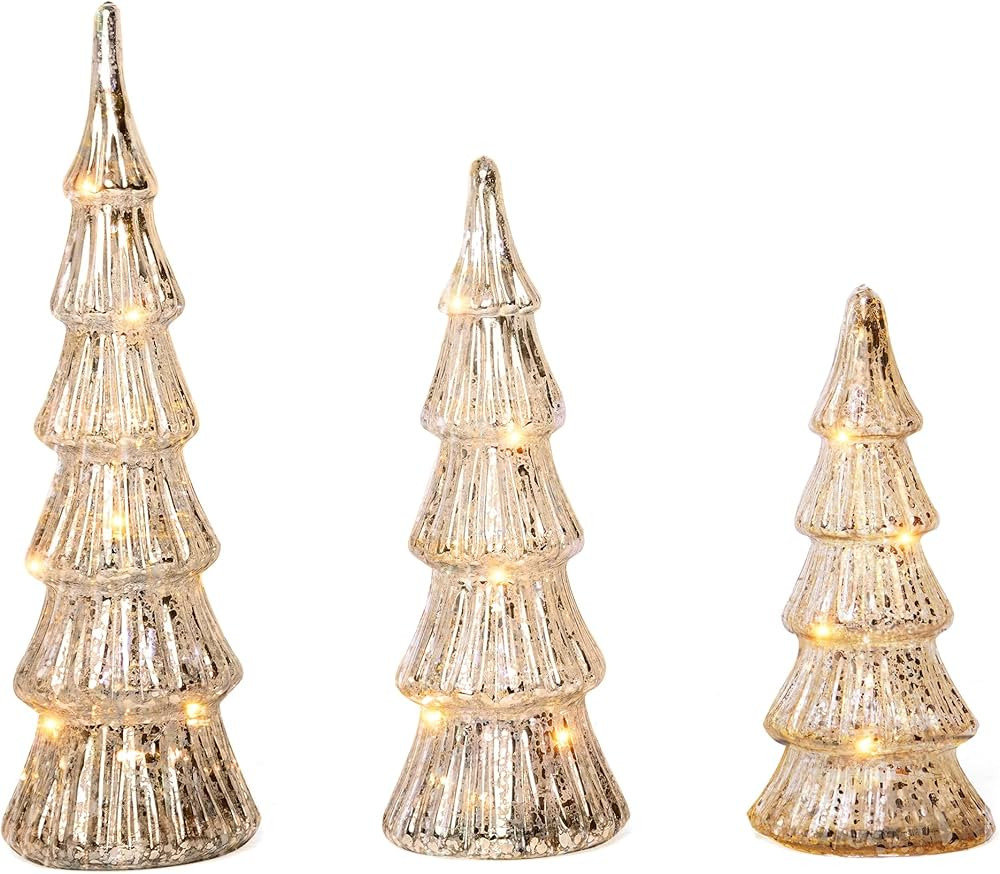 GENMOUS & CO. Gold Lighted Glass Christmas Trees, Set of 3, Small Tabletop Xmas Tree Decorations,... | Amazon (US)