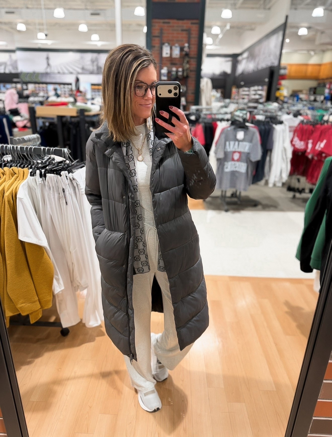 🏀 mom OOTD. 
Woke up to ❄️ so had to bust out the coat again. Layered over this super comfy Amazon 2 piece set. 
Wearing medium in all. 
Sneakers sold out 

#LTKmomlife #LTKSeasonal
