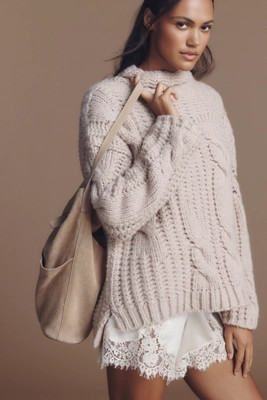Maeve Mock-Neck Cable Wool Blend Sweater | Anthropologie (US)