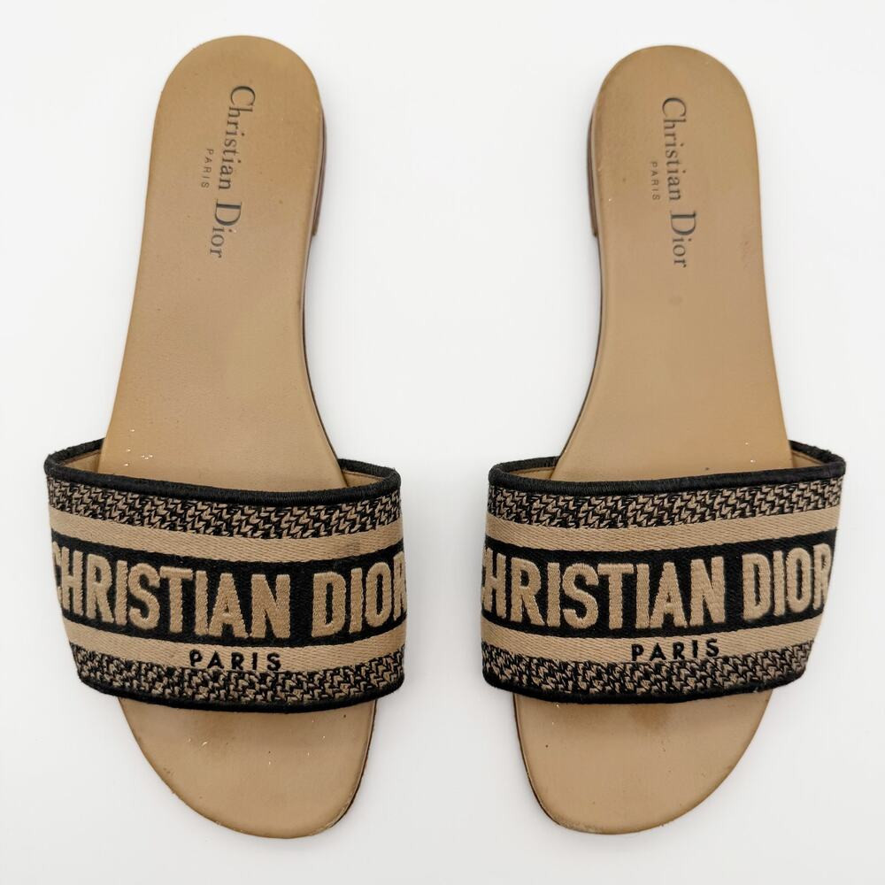 Christian Dior Logo Sandals Dway Slide Embroidered Black Tan Flat Slides 40.5 | Poshmark