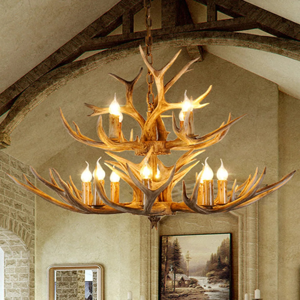 Rustic Farmhouse Resin Antler Chandelier Vintage Lodge Pendant Light | Wayfair North America