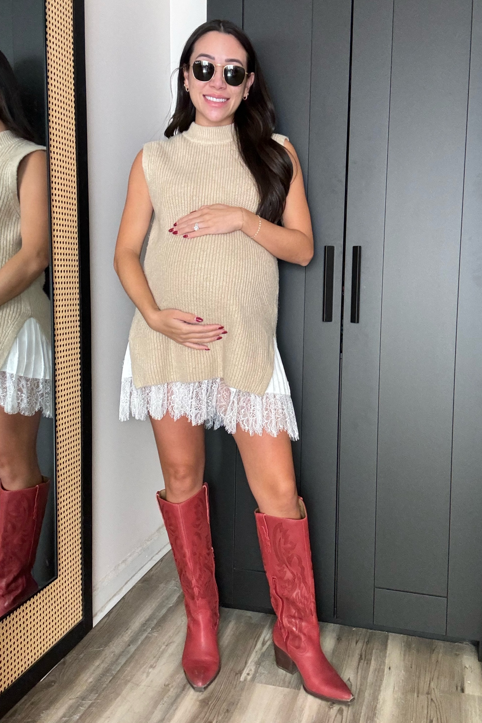 Loving this fall transition fit! Sweater, paired with the TikTok viral slip skirt, and red boots 🤌🏼 skirt is bump friendly and boots are true to size! 

#LTKFindsUnder50 #LTKFindsUnder100 #LTKBump