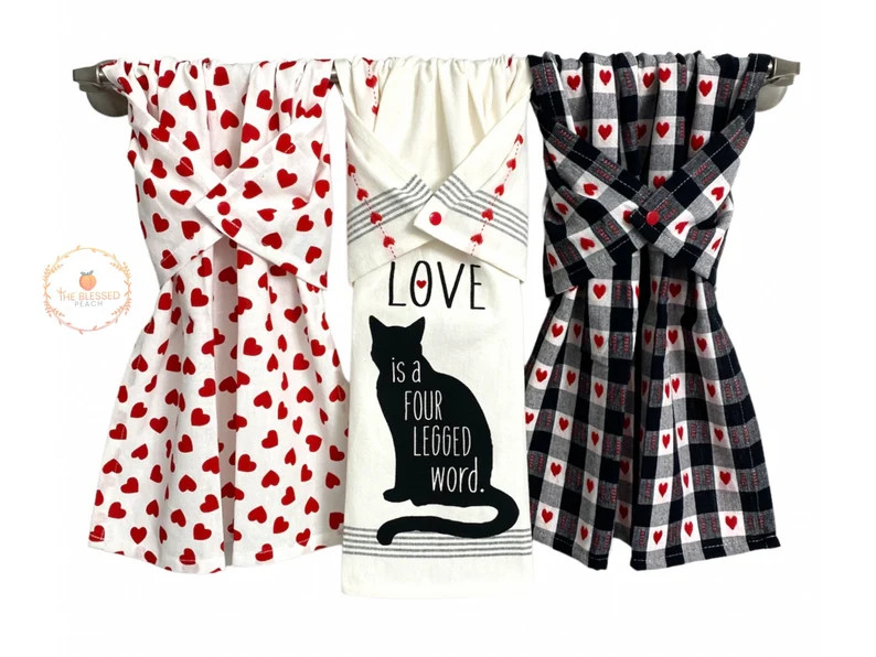 Valentines Day gift for cat lover, stay put towel, dish drying towel, oven/stove handle towel, Va... | Etsy (US)