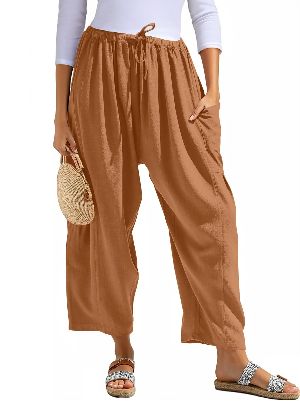 Airmenty Women Wide Leg Pants Summer Casual Low Waist Loose Drawstring Harem Pants Linen Beach Pa... | Walmart (US)