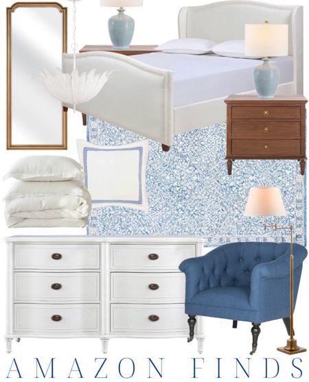 grandmillennial decor | blue and white decor | classic home decor | traditional home | bedroom decor | bedroom furniture | white dresser | blue chair | brass lamp | floor mirror | euro pillow | white bed | linen duvet | brown side table | blue and white rug | gold mirror

#LTKhome