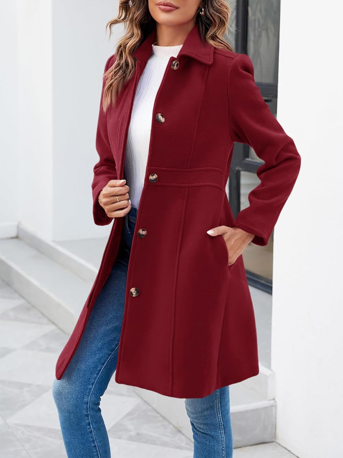 Fisoew Womens Elegant Single Breasted Coat Winter Work Office Pea Coat | Amazon (US)
