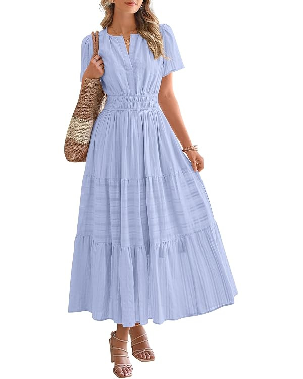 BTFBM Womens Summer 2026 Casual Midi Maxi Dresses Lightweight Short Sleeve V Neck Elastic Waist B... | Amazon (US)