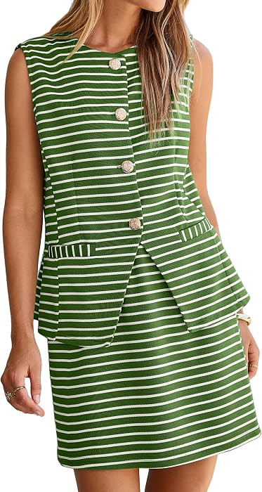 Simplee Women's Summer 2 Piece Outfits 2026 Striped Sleeveless Matching Sets Button Down Vest Waistcoat and Pockets Skorts | Amazon (US)