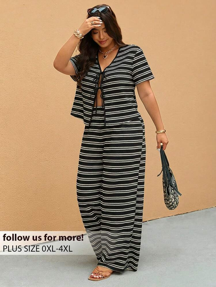 Elaquor Plus Size Casual Striped Tie-Up Top And Pants 2 Pieces Set, Summer Outfits | SHEIN