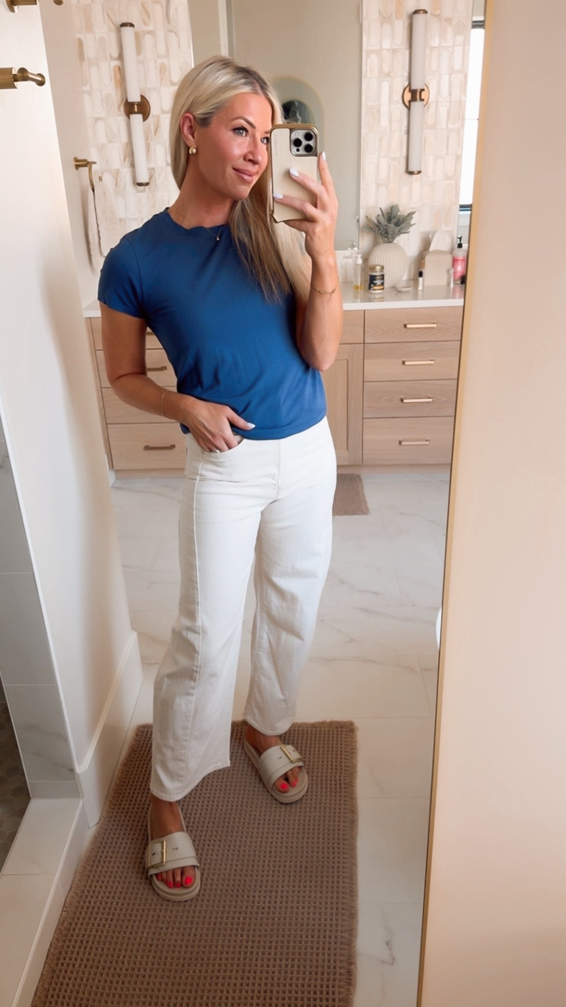 White jeans that are more creamy tones 
Slides 50% off size up 
Classic t-shirt 
Spring outfit idea 
OOTD

#LTKootd #LTKSaleAlert #LTKmomlife