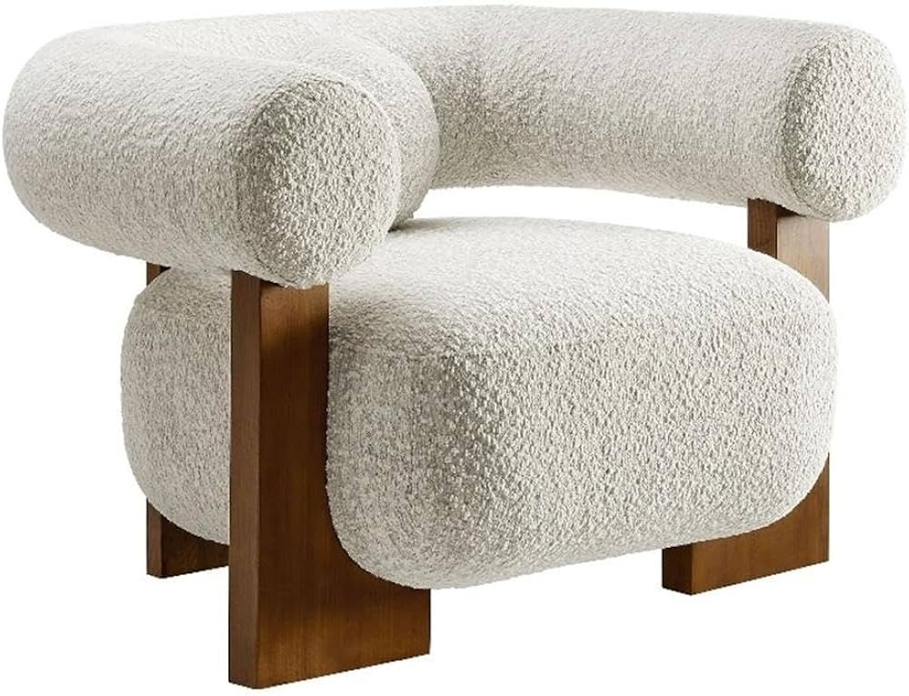 Modway Jace Boucle Fabric Accent Chair in Pearl - Upholstered Barrel Chair with Pillow - Comfy Lo... | Amazon (US)