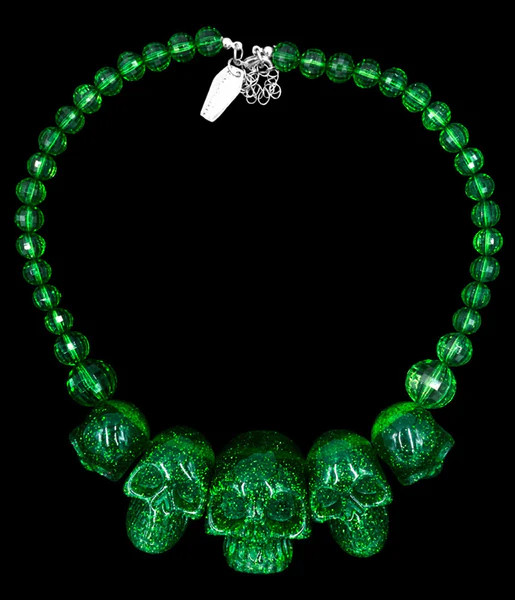 Green Glitter Multi Skull Beaded Necklace | UniqueVintage