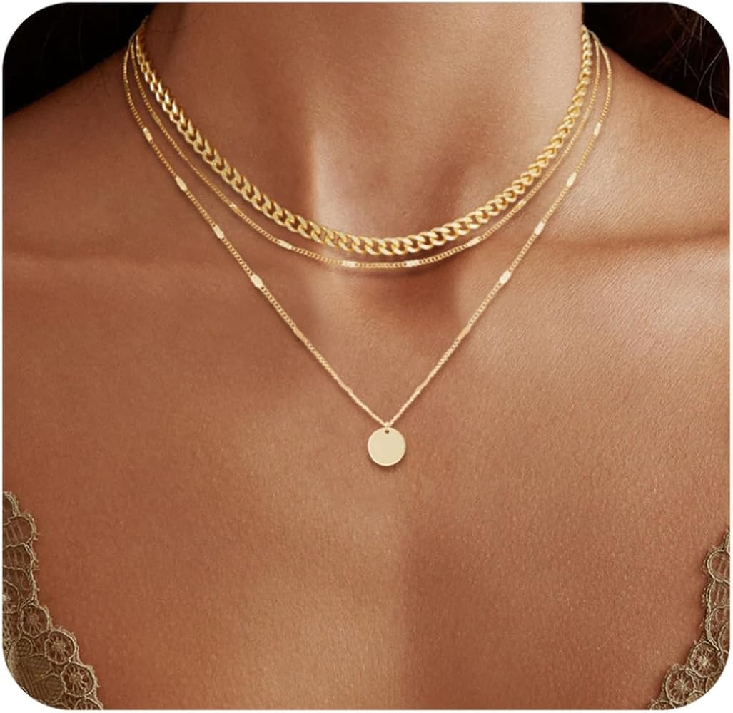 14K Gold Plated Layering Necklaces For Women Gold Necklace Set, Cuban Link, Snake Chain, Papercli... | Amazon (US)