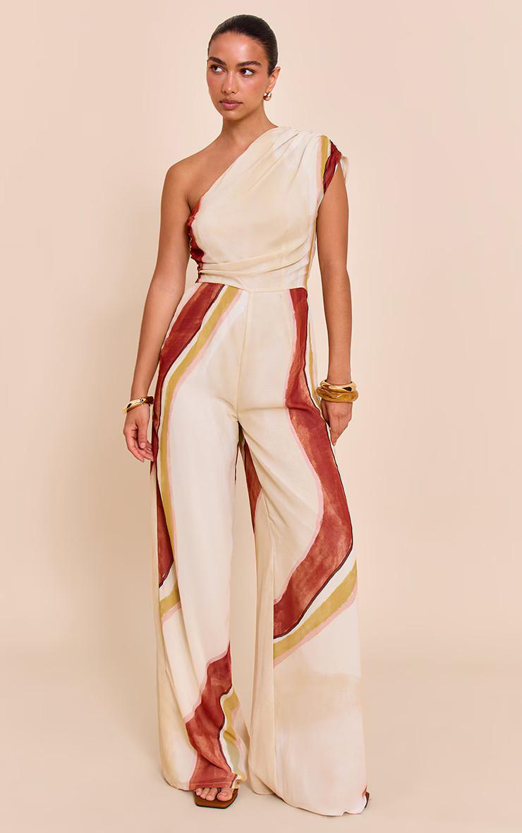 Cream Abstract Chiffon One Shoulder Ruched Jumpsuit | PrettyLittleThing US