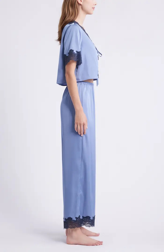 Open Edit Lace Trim Stretch Satin Crop Pajamas | Nordstrom | Nordstrom