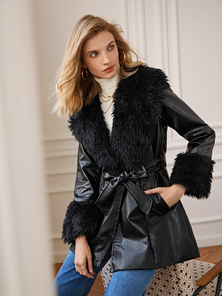 SHEIN Frenchy Borg Collar Fuzzy Cuff Belted PU Leather Coat | SHEIN