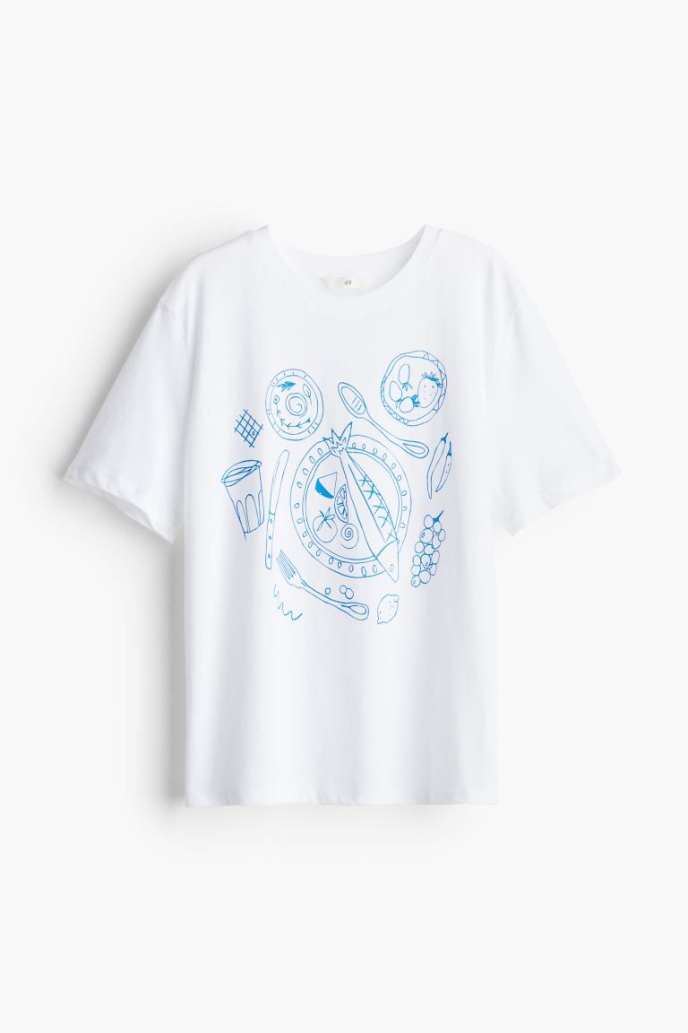 Cotton T-shirt - Round Neck - Short sleeve - White/picnic food - Ladies | H&M US | H&M (US + CA)