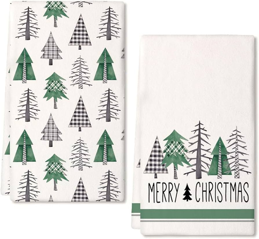 ARKENY Christmas Kitchen Towels Set of 2,Green Buffalo Plaid Xmas Tree Dish Towels 18x26 Inch,Hoi... | Amazon (US)