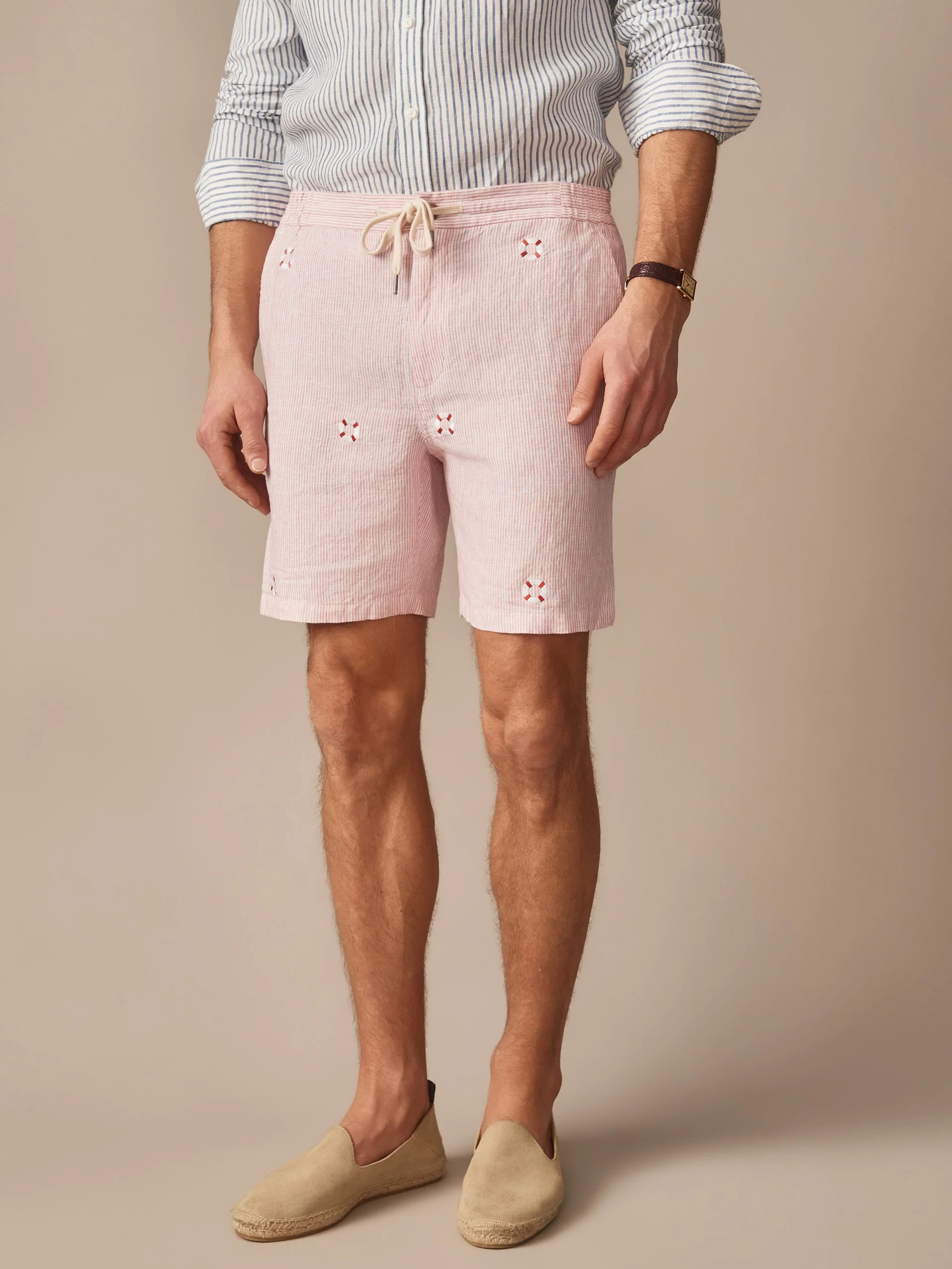 J.McLaughlin Men's Newport Linen Shorts in Lifesaver Pink/White, Size Small | J.McLaughlin