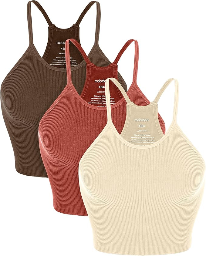 ODODOS Women's Crop 3-Pack Seamless Rib-Knit Camisole Crop Tank Tops | Amazon (US)
