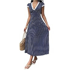 Milumia Women's Polka Dots Lace Trim Deep V Neck Dress Short Sleeve Flared Long Dresses | Amazon (US)