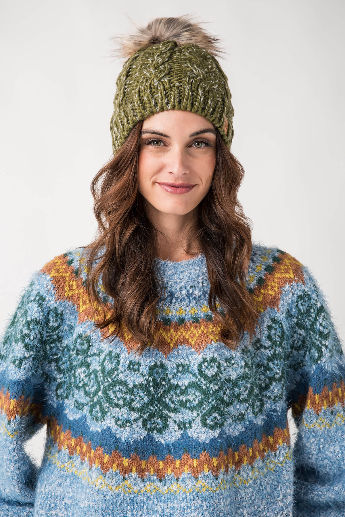 Panache Olive Cable Knit Pom Hat | Social Threads