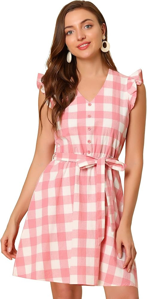 Allegra K Women's Casual Plaids Ruffled Sleeve Sundress A-Line Vintage Gingham Check Dress | Amazon (US)
