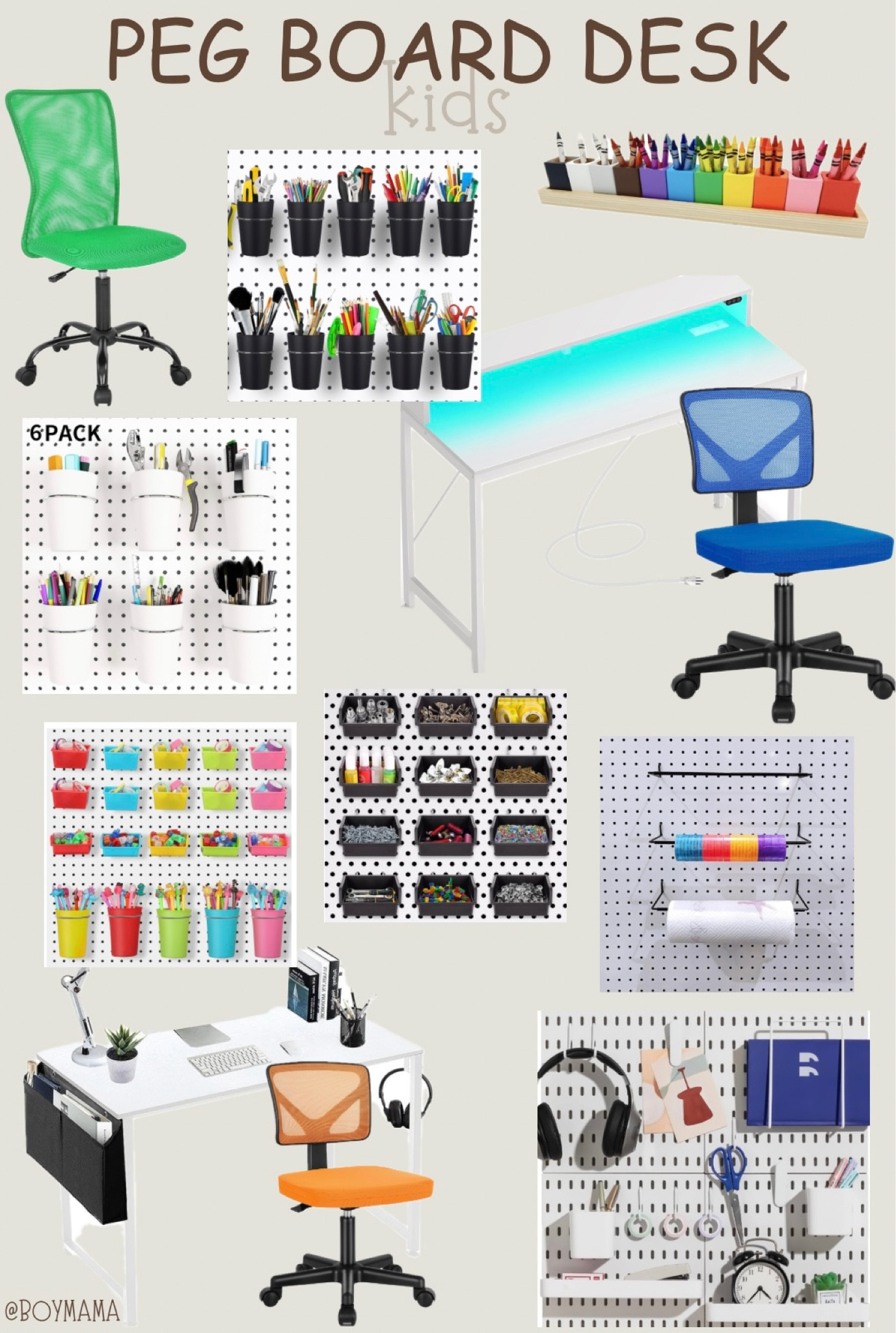 Kids room and play room desk inspiration with PEG board organization! 

Light up desk| Office chair | Colors | Cups | Homeschool 

#LTKkids #LTKfindsunder100 #LTKhome