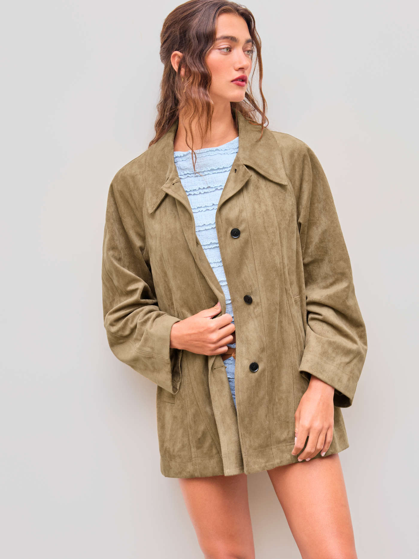 Suède Suede Collar Soild Button Pocket Oversized Jacket For Dagelijkse casual | Cider