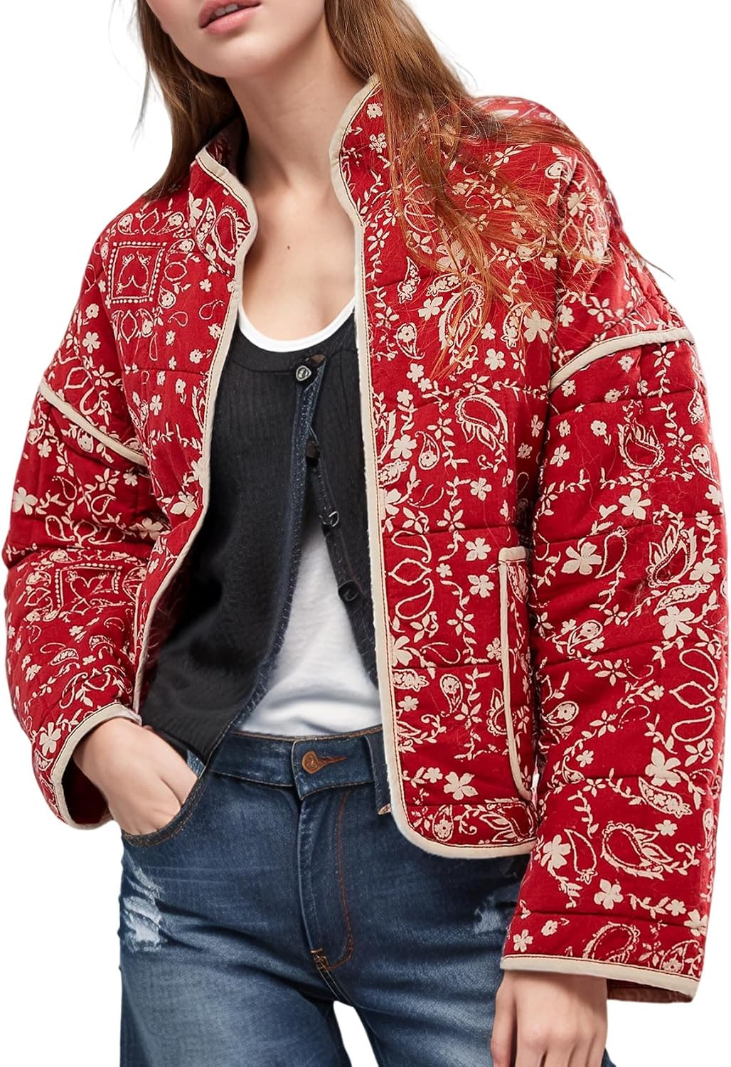 Wyeysyt Women's Cropped Quilted Jacket Floral Print Puffer Jackets Open Front Lightweight Jacket | Amazon (US)