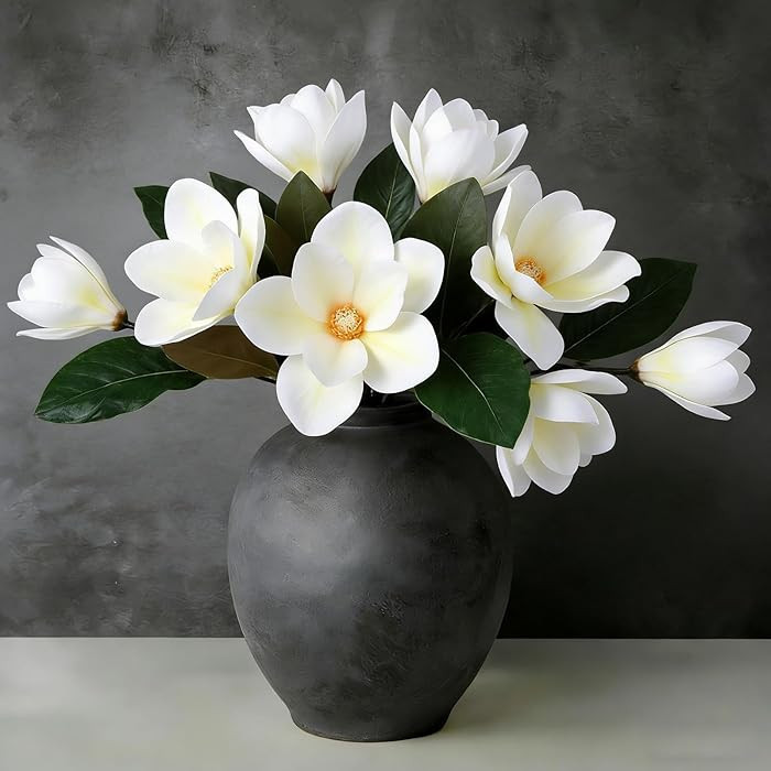 YLOLUL 6 Pcs Artificial Magnolia Flowers Stems White Magnolia Long Stem Flower Faux Creamy Grandi... | Amazon (US)