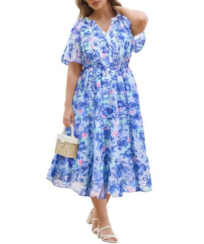RITERA Plus Size Maxi Dress for Curvy Women Flowy A-Line Dresses with Pockets V Neck Lightweight Chiffon Summer Dress Elegant Floral Blue Wedding Guest Dresses 2XL 18W 20W | Amazon (US)
