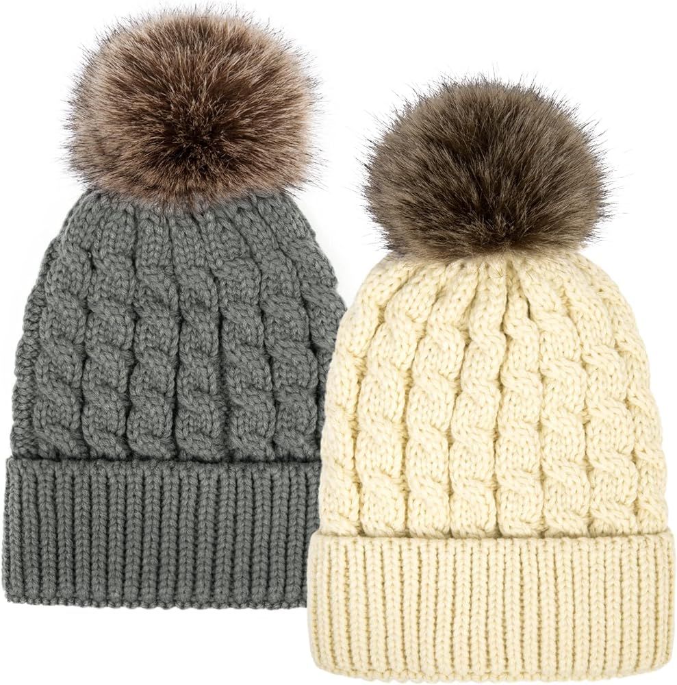 Simplicity Womens Winter Beanies Hand Knit Faux Fur Pompoms Beanie Hats | Amazon (US)