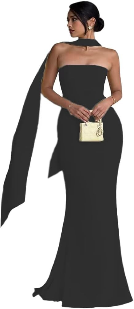 Strapless Long Bridesmaid Dresses with Scarves Mermaid Satin Prom Dress Simple Formal Party Dress | Amazon (US)