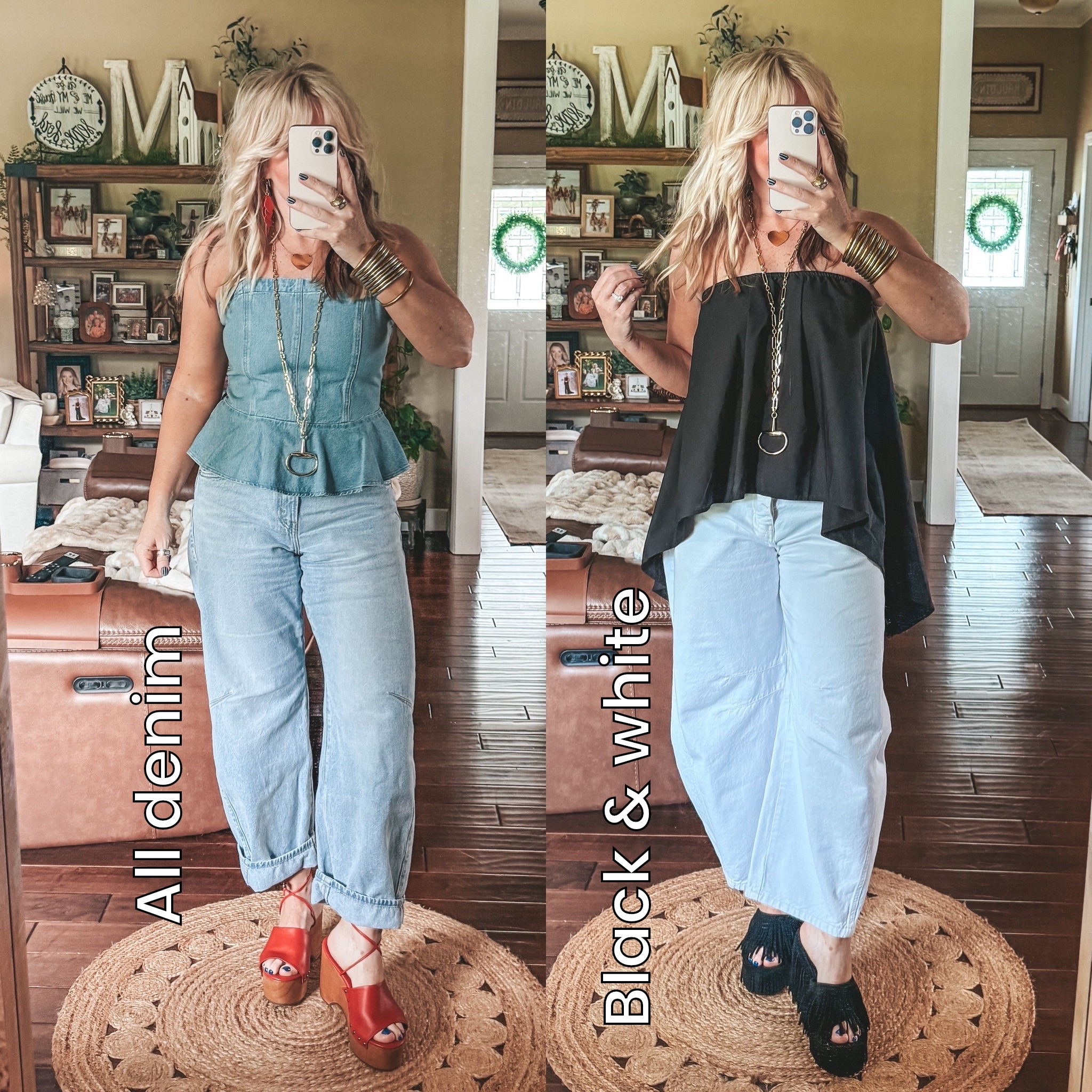 All denim or black and white are perfect! Love these for graduation & Mother’s Day! 
Denim top M
Levi’s jeans sized up one 
Black tube top M
Jeans true to size  

✨Save 40% @kcchicdesigns on my necklaces