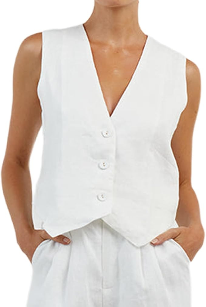 FHNUVB Women's Waistcoat Vest Blazer Cotton Linen Button Down V Neck Sleeveless Crop Vest Vintage... | Amazon (US)