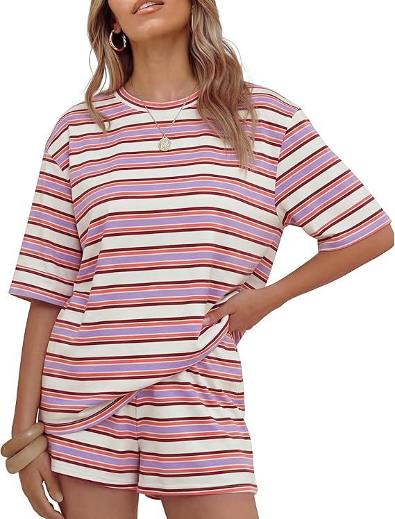 ZESICA Womens Summer 2 Piece Short Sets Striped Loose Fit Matching Lounge Airport Travel Workout ... | Amazon (US)