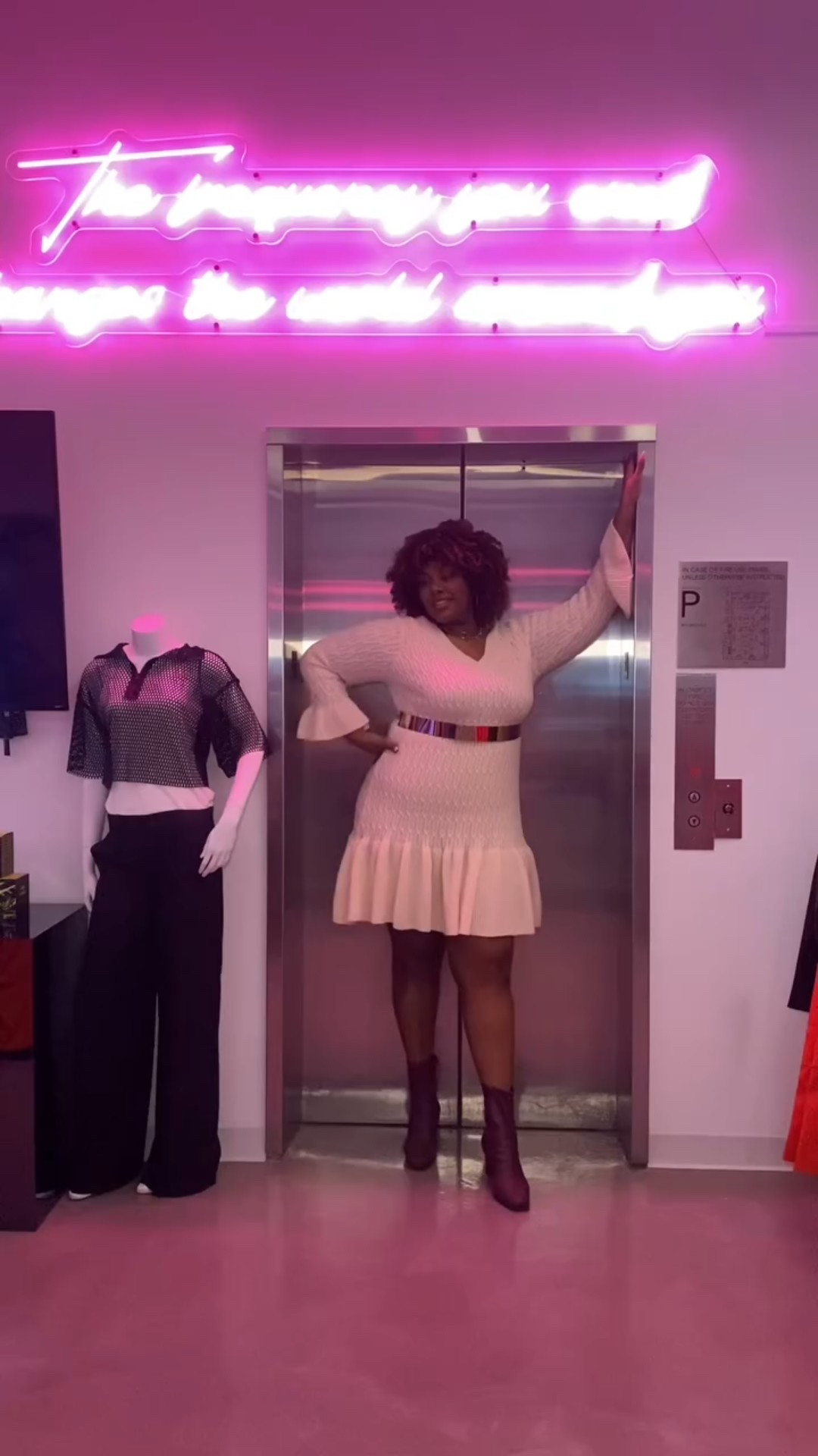 I wore this super cute sweater dress to a holiday party in NYC.  This dress is a 3X but is no longer available in this off white color, but the black and red options are just as cute!

The Belt is thrifted.