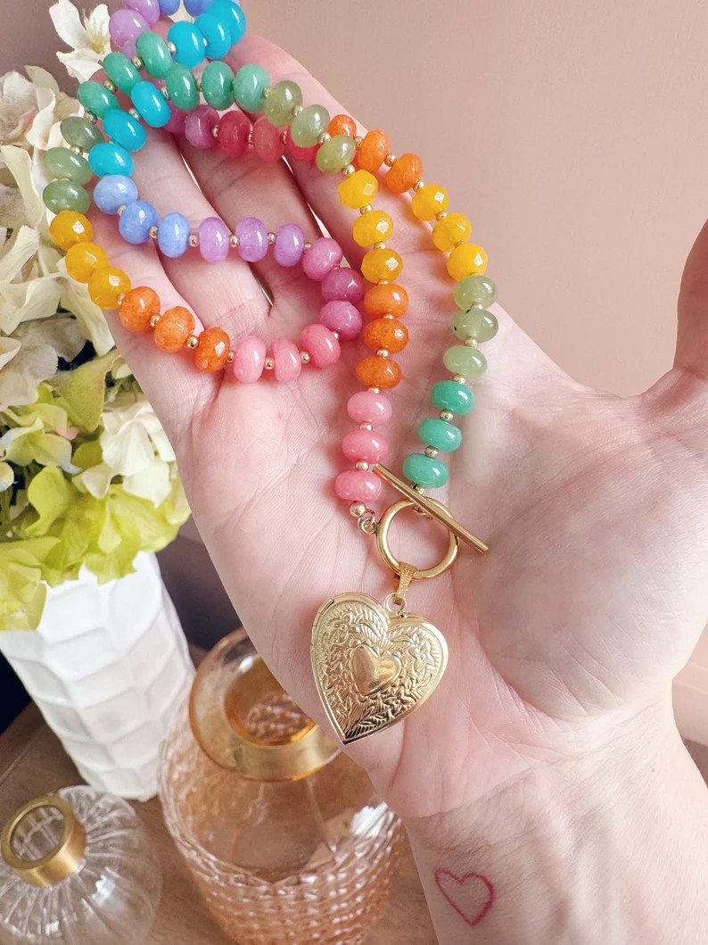 Heart Charm Necklace, Rondelle Necklace, Rainbow Necklace, Heart Necklace, Love Necklace, Colorfu... | Etsy (US)