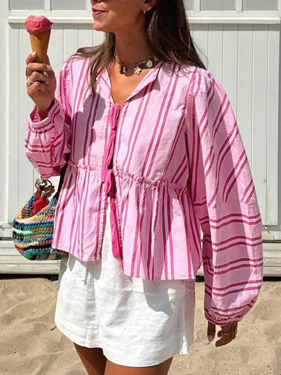 INAWLY Women Striped Long Sleeve Front Tie Loose Blouse Shirt, Autumn Peplum Top | SHEIN