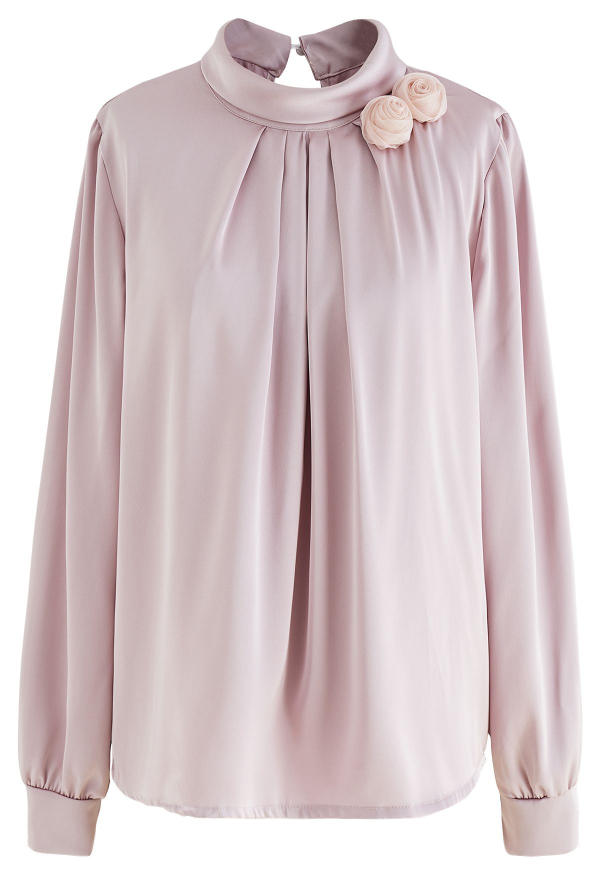 Rose Brooch Mock Neck Satin Shirt in Pink | Chicwish